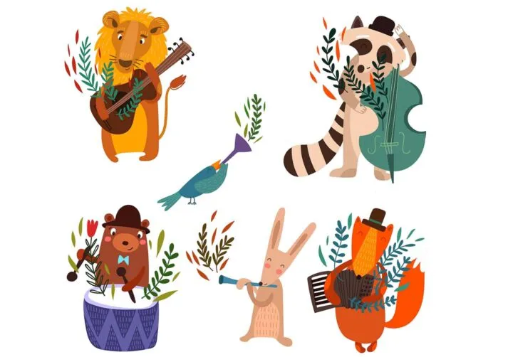 Cute,Animal,Set.cartoon,Animals,Playing,On,Various,Musical,Instruments.lion,,Bear,
